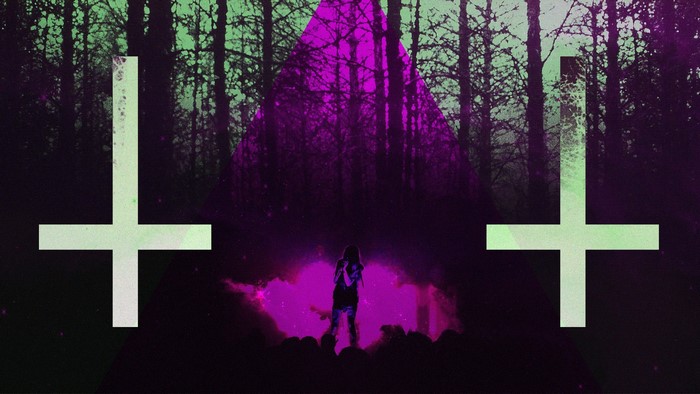 Silhouette in Forest with Purple Glitch Art