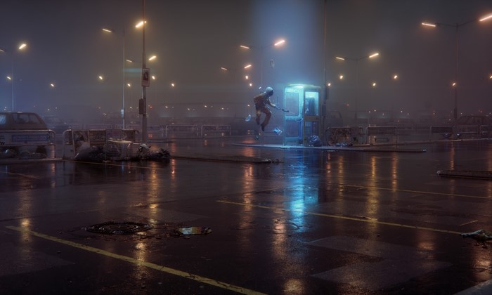 Astronaut in a phone box in a rainy parking lot