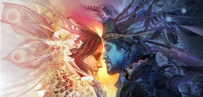 Digital art of a man and woman facing each other