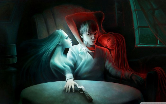 Man with spectral women and gun