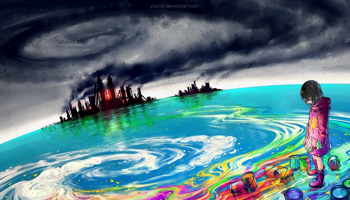 Girl painting a polluted world