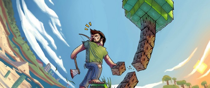 Steve from Minecraft chopping a tree