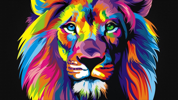Colorful digital art of a lion's face