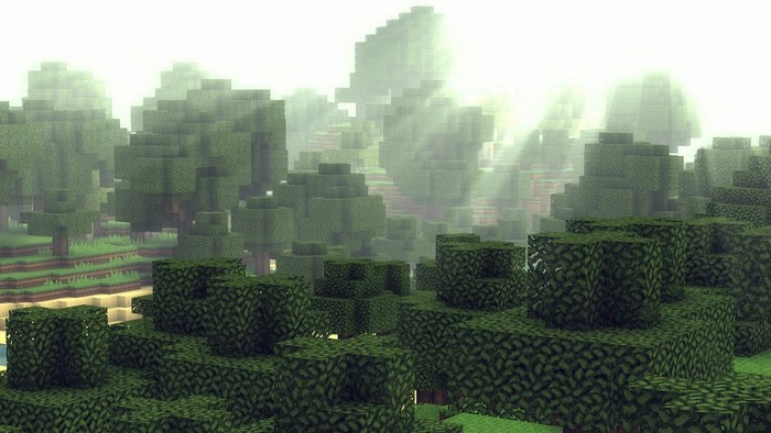 Minecraft forest with fog and sunbeams
