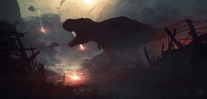 Dinosaurs and helicopters in an apocalyptic Jurassic World