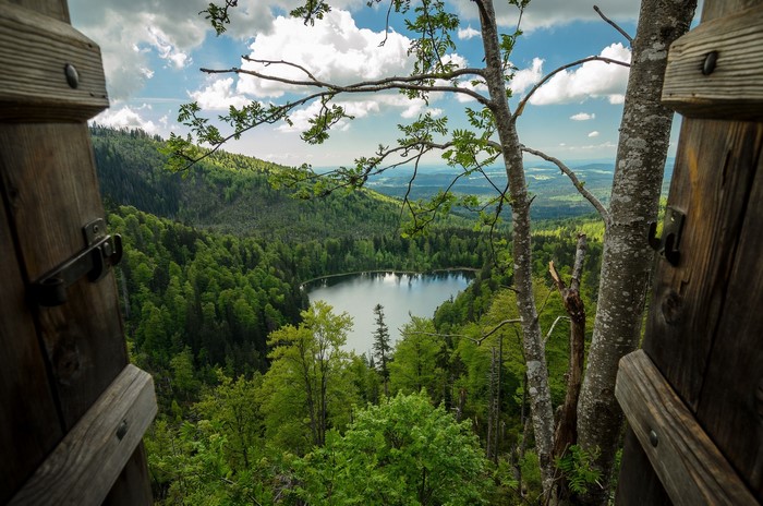 View of a lake through an open wooden window
