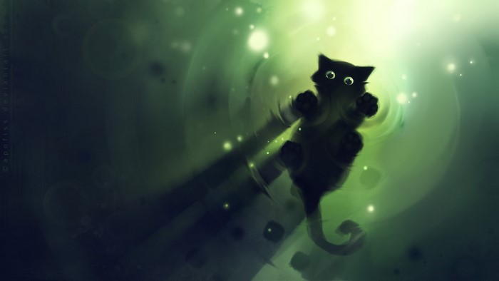 Black cat in glowing green water