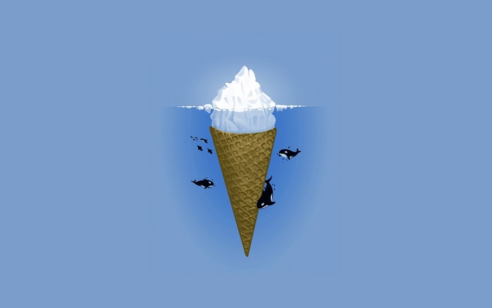 Ice cream cone iceberg with orcas and fish