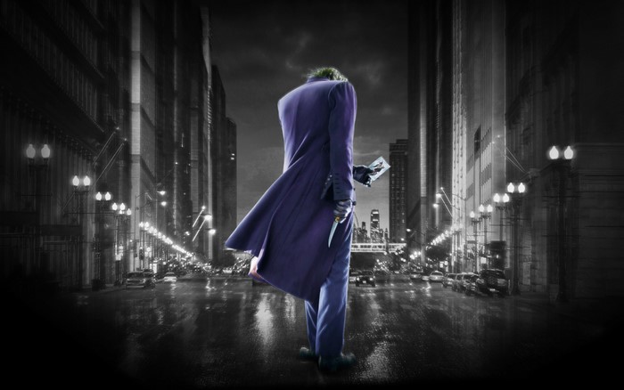 The Joker from The Dark Knight in a city street