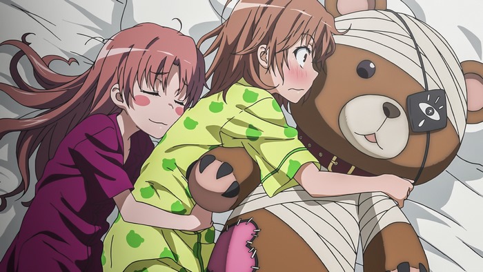 Misaka Mikoto and Shirai Kuroko from To Aru Kagaku no Railgun sleeping with a teddy bear