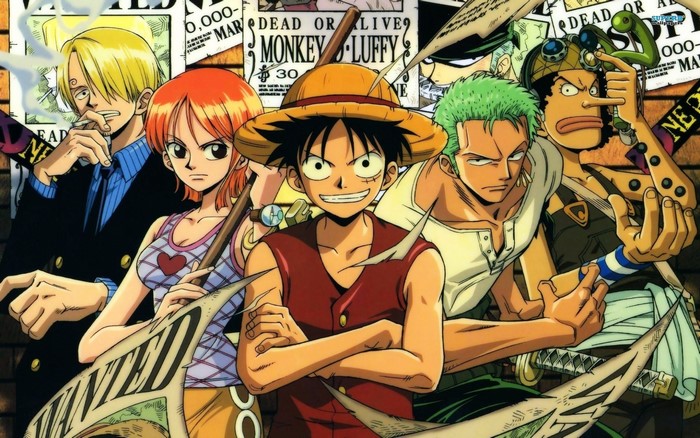 One Piece characters Monkey D. Luffy, Nami, Roronoa Zoro, Usopp, and Sanji