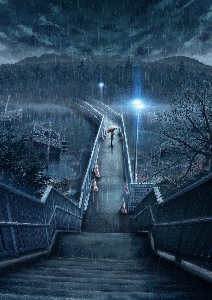 Anime girl with umbrella on a bridge in heavy rain