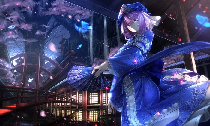 Saigyouji Yuyuko from Touhou holding a fan