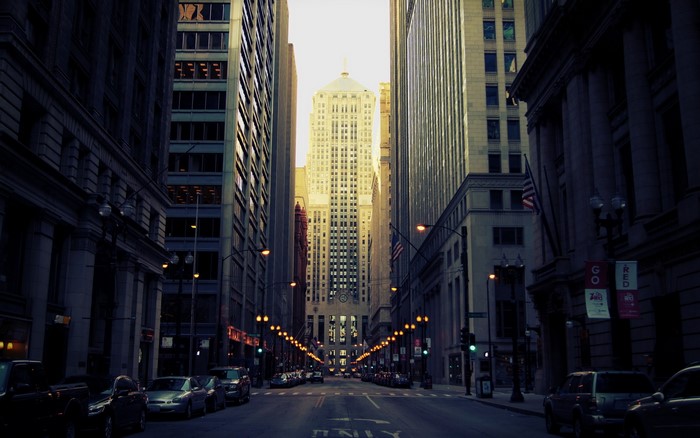 Chicago Street with Tall Buildings and Cars