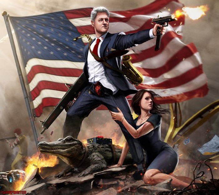 Bill Clinton with gun and alligator