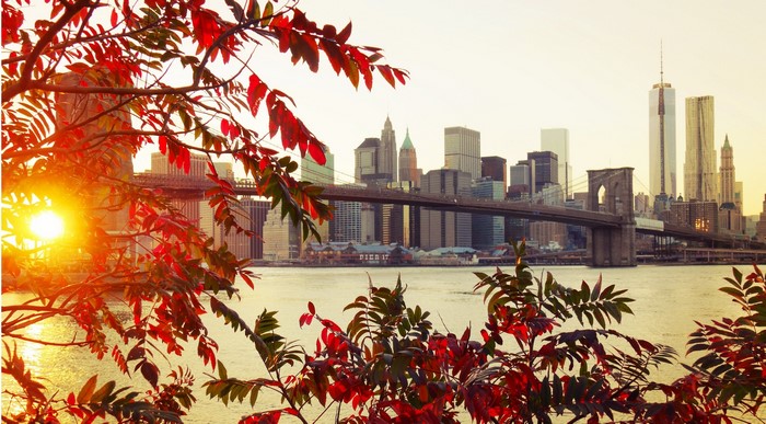 New York City skyline with Brooklyn Bridge in fall