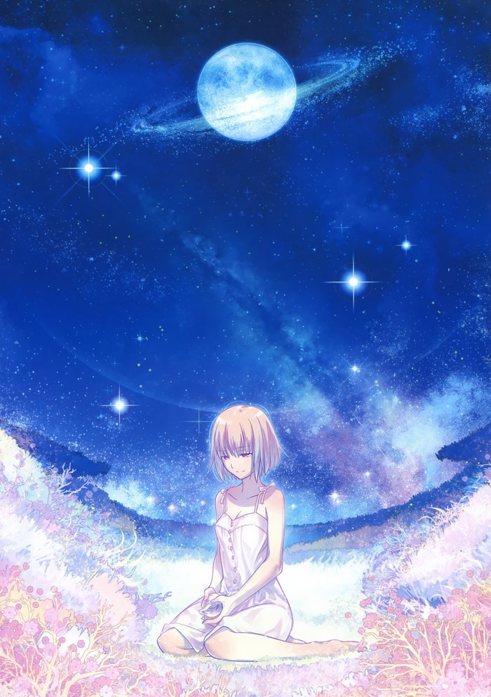 Anime girl sitting under a starry sky with a large moon