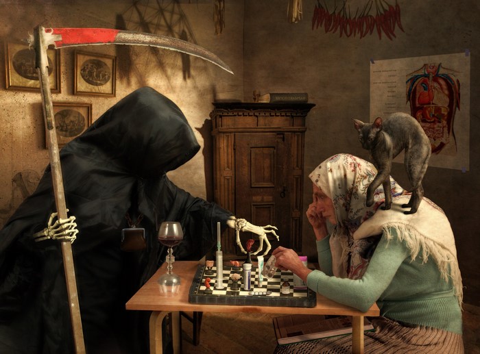 Grim Reaper and old woman playing chess
