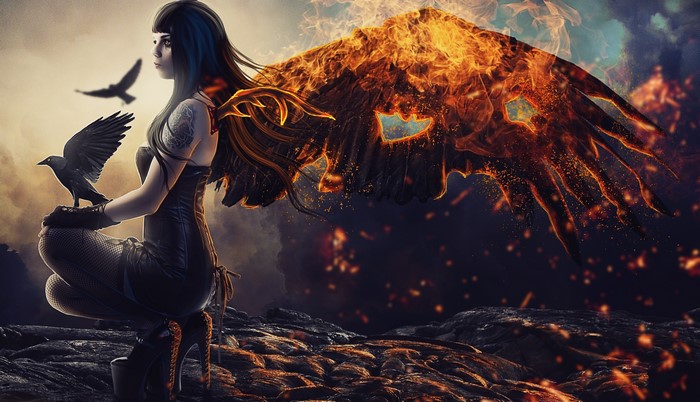 Woman with fiery wings and crows
