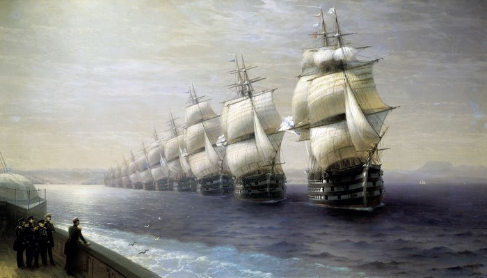 Fleet of sailing ships in the sea