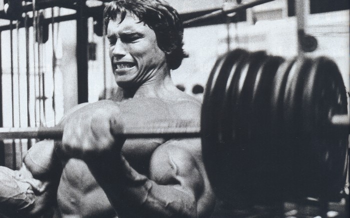 Arnold Schwarzenegger lifting a barbell in a gym