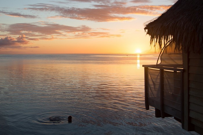Bora Bora Pacific Sunset Over Water Bungalow