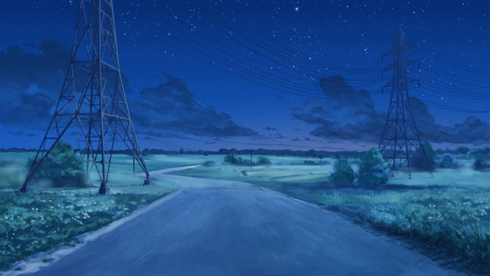 Night landscape with power lines and starry sky