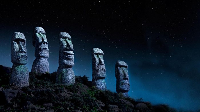 Moai statues on Easter Island at night