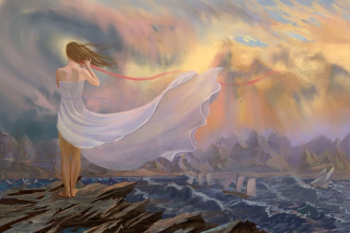 Woman in white dress on rocky shore with sailing ships