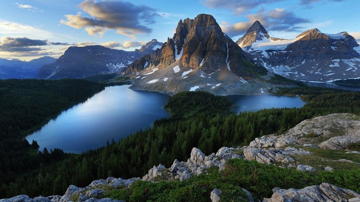 Mountain Lake with Snow-Capped Peaks and Forest
