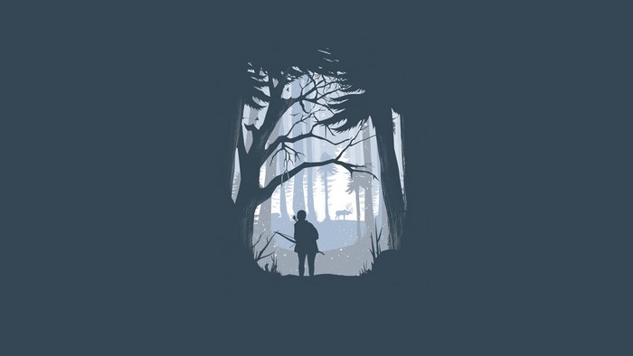Person with bow in winter forest with deer
