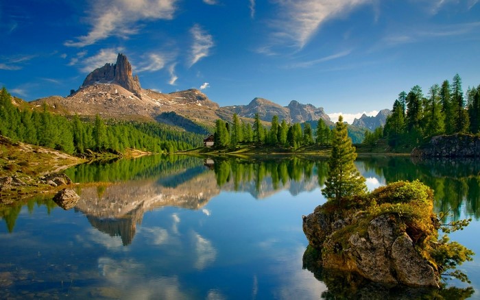 Lake and mountains reflection in the Dolomites