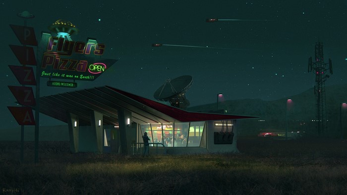 Flyers Pizza restaurant with UFO and flying cars at night
