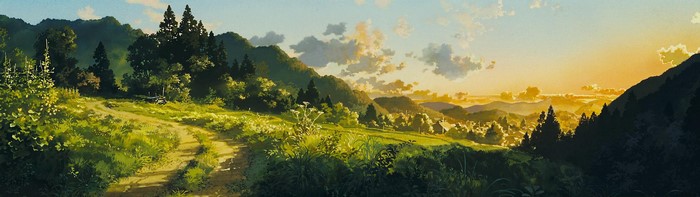 Artwork of a rural landscape at sunset