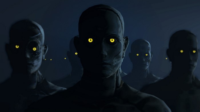 Robots with glowing yellow eyes in the dark