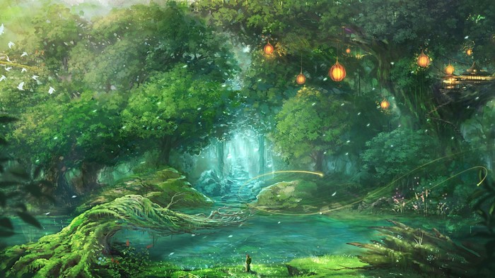 Enchanted Forest with Glowing Lanterns and Mystic Lake