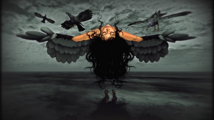 Woman with wings and crows over water