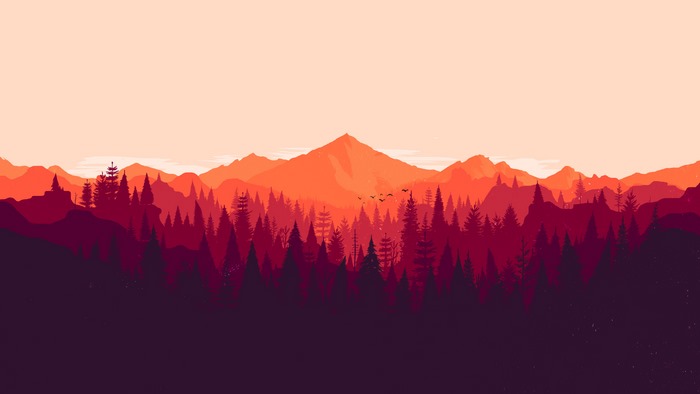 Minimalist forest and mountain landscape at sunset