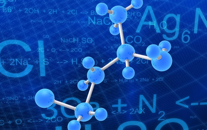 Molecular model with chemical formulas and binary code