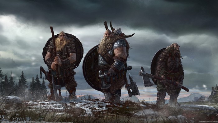 Three Nordic warriors with axes and shields