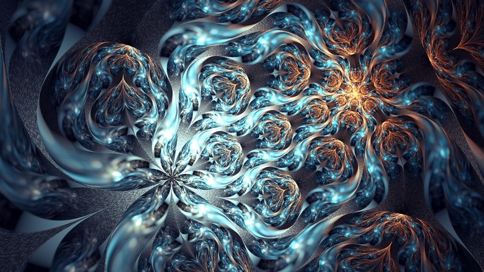 Abstract fractal artwork with blue and orange lights