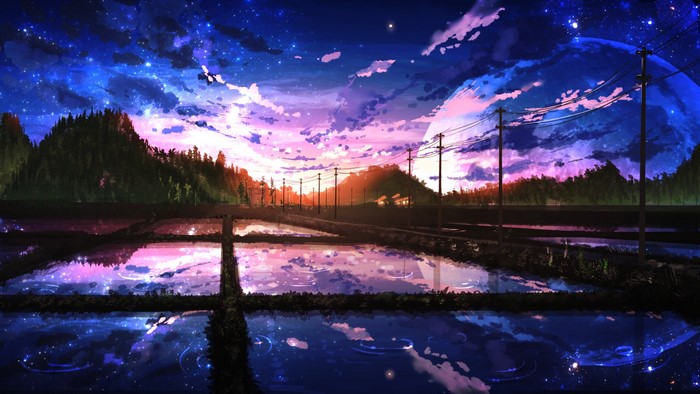 Anime landscape with sunset, stars, and reflections