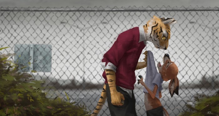 Tiger and fox characters in front of a fence