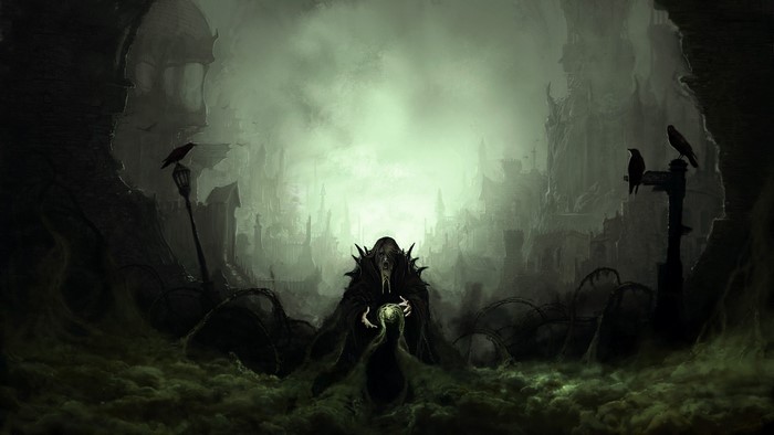 Dark fantasy artwork of a sorcerer in a ruined city