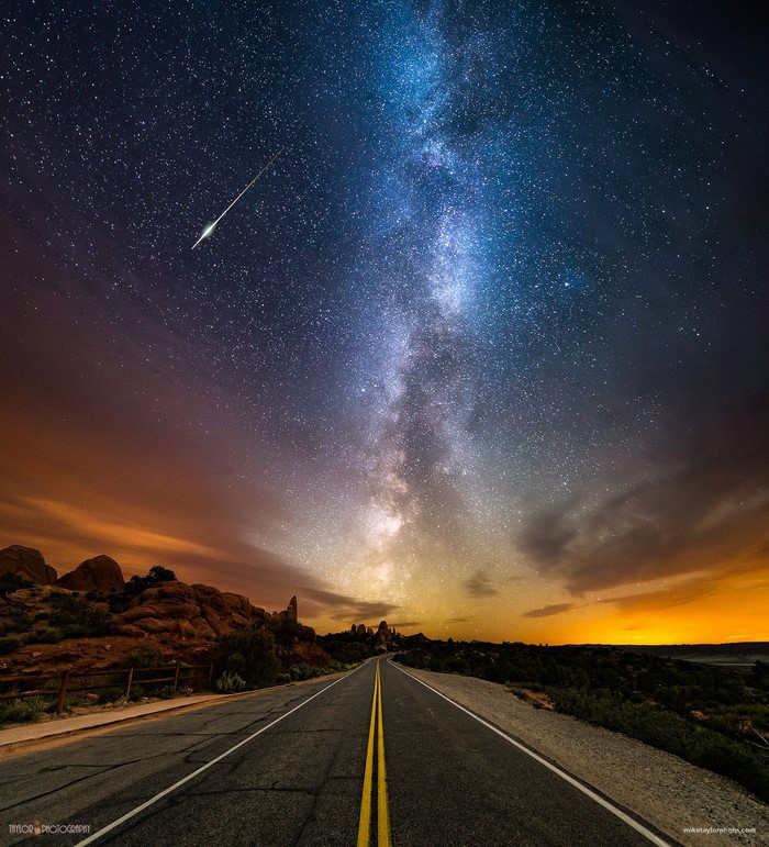 Milky Way and Meteor over Desert Road
