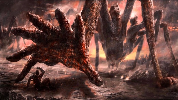 Demonic spider-like creatures attacking a person