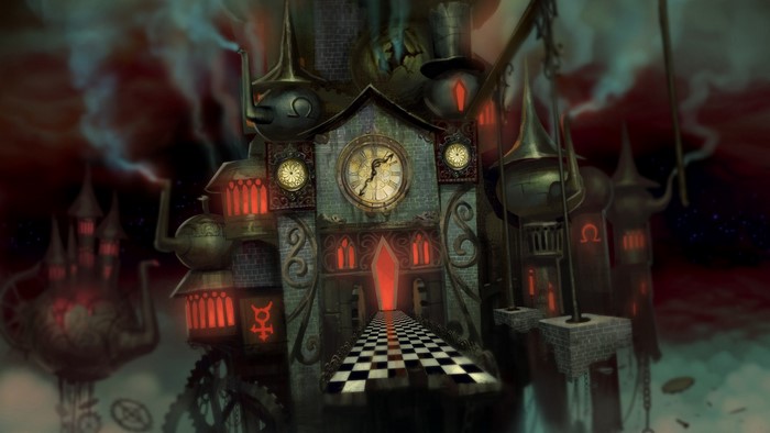 Fantasy art of a clockwork castle in the sky