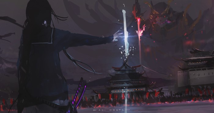 Girl with katana facing a demon near a Japanese castle