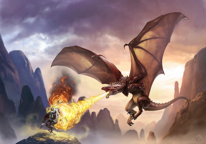 Knight on horse fighting a dragon breathing fire