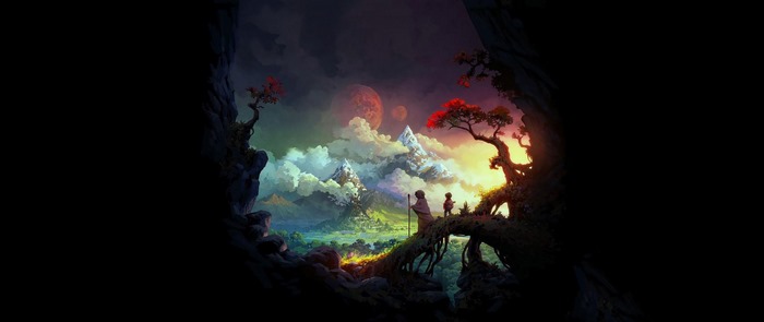 Fantasy landscape painting with two figures